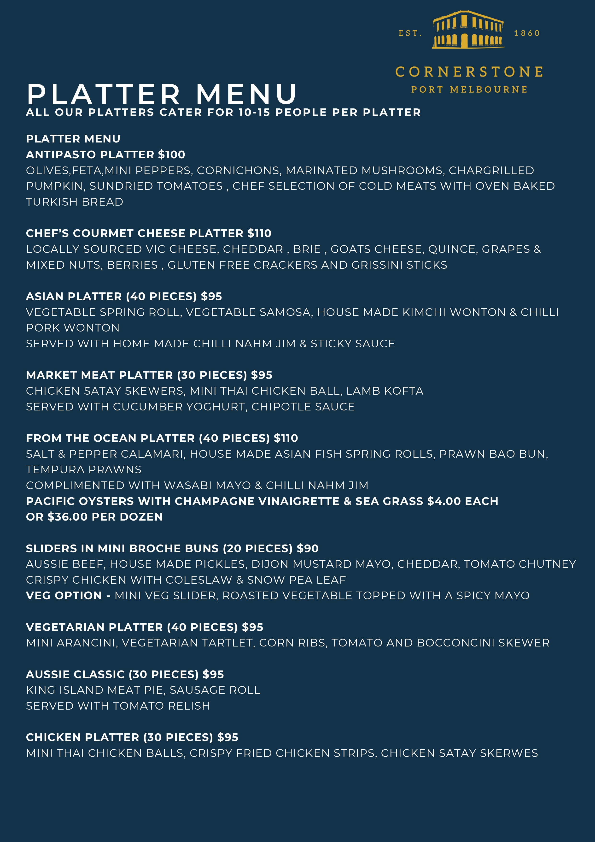 Cornerstone Pub events menu page 2 - event catering menu featuring chef-crafted dishes and beverage packages for functions and corporate events